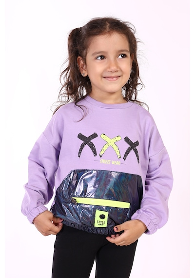 Toontoy Kız Çocuk Cep Detaylı Baskılı Sweatshirt Lila