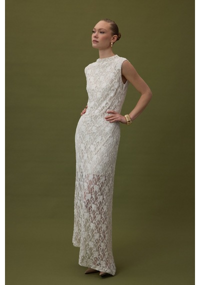Sateen Dantel Kolsuz Elbise - Bej-137061 Bej