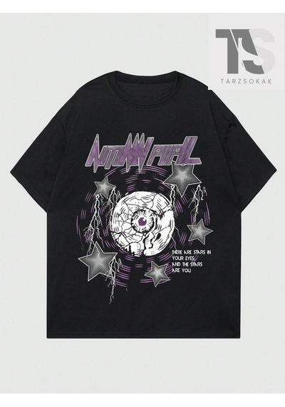 Startmore Goth Erkek Alfabe Ve Beş Köşeli Yıldız Baskılı T-shirt Siyah