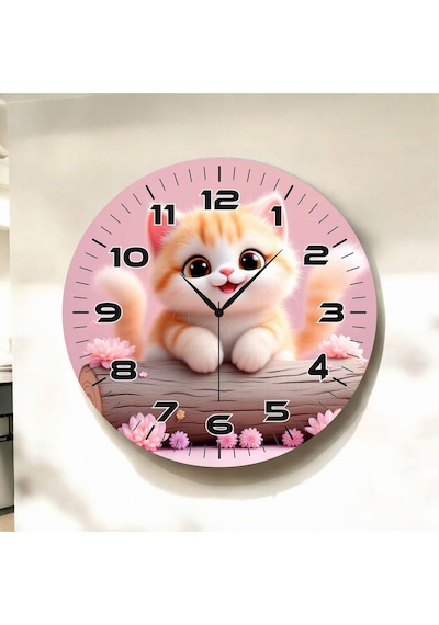 Kedi Renkli Baskı Çocuk Odası Desenli Sayılı Hediyelik Ahşap Sessiz Duvar Saati 50cm ÇOk Renkli
