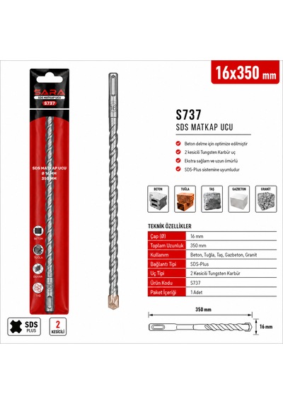 Sara S737 Sds Plus Matkap Ucu 16 X 350 Mm, 2 Kesicili Tungsten Karbür Uçlu
