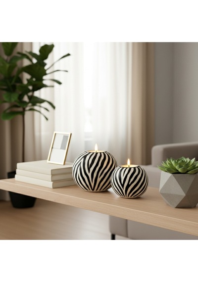 Dekoratif Zebra Desen 2'li Küçük Ve Büyük Ev Ofis Hediyelik Modern Dekorasyon Obje.mumlar Dahildir. Siyah