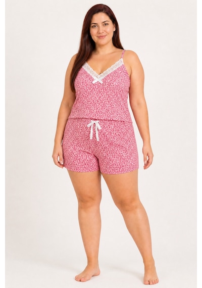 Bravie Kadın Büyük Beden İp Askılı Yakası Dantelli Çiçek Desenli Yazlık Pijama Takımı Pembe