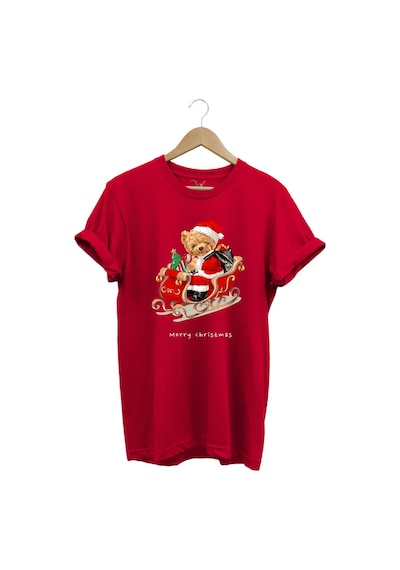 Christmas Baskılı Sevimli Ayıcık Yılbaşı Noel %100 Pamuk Regular Fit Bisiklet Yaka Kırmızı T-shirt Kırmızı