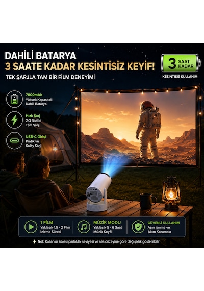 Teknomie 4k Destekli Mini Akıllı Projeksiyon Cihazı Dahili Bataryalı Wifi 6 Bluetooth 5.2 Taşınabilir Projektör