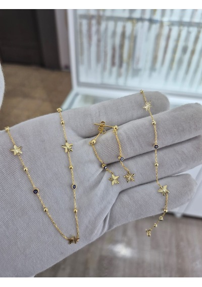 925 Ayar Papatya Silver Kalemli Yıldız Takım Set.nazar Gözlü Set.yıldızların Dansı.rose.gold.rodaj Gümüş