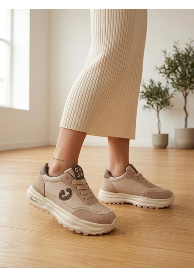 Guja 318-4 Kadın Kalın Taban Bağcıklı Sneaker Ayakkabı Bej