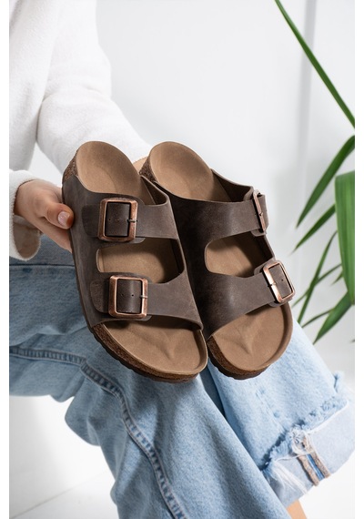 Stwenn Çift Tokalı Ortopedik Taban Terlik Unisex Günlük Rahat Kaymaz Taban Yazlık Sandalet Kahverengi