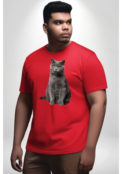 Angemiel British Shorthair Kedi Kırmızı Büyük Beden Erkek Kadın Unisex Basic Ön Baskılı Tişört Kırmızı