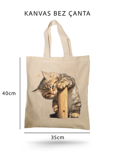 Lunora Collectıon Sevimli Kedi Baskılı Kanvas Bez Çanta Ham Renk