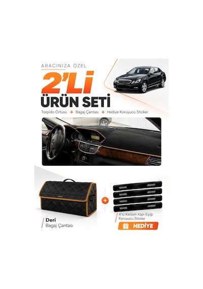 E-biz Mercedes W212 2010-2013 Uyumlu Torpido Örtüsü + Deri Çanta - Siyah-kahverengi - Mb014