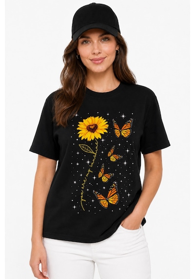 Bayloranzzo Sunflower %100 Pamuk Heavy Cotton Premium Kalite Kadın Tişört Siyah