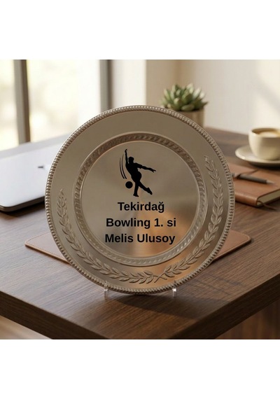 Bowling Birincilik Ödülü Gümüş Metal Tabak Plaket - Ayaklı Kişiselleştirilebilir Sporcu Plaketi