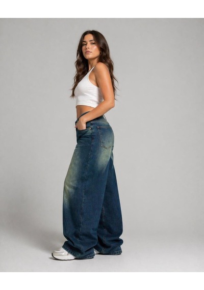 St.poll Eskitme Füme Yıkamalı Unisex Büyük Beden Baggy Jean Pantolon Yeşil