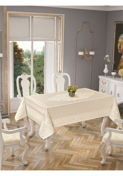 Jumbo Jakar Pano Desen Leke Tutmaz Jakarlı 150x220 Cm Lüks 8 Kişilik Masa Örtüsü Krem