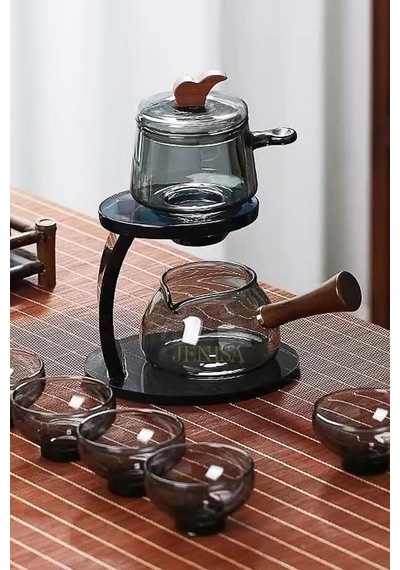 Borosilikat Cam Demlik Seti Zen Çaydanlık Döndür Akıt Sistemi Sihirli Bitki Çayı Demliği Antrasit