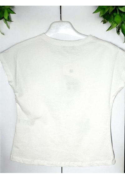 Escabel Kız Çocuk Pamuklu Yıldız Taşlı Kısa Kol T-shirt-15715 Ekru