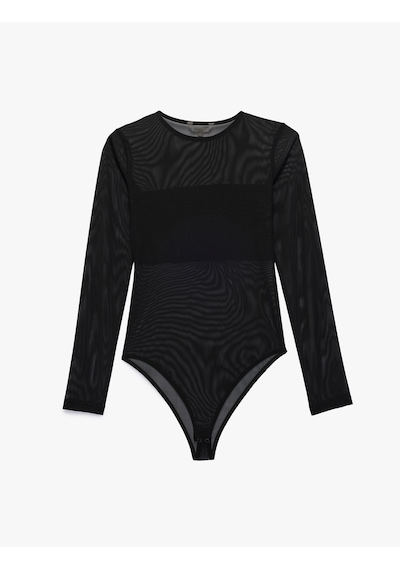 Koton Slim Fit Uzun Kollu Bisiklet Yaka Transparan Tül Bodysuit Siyah 6sak80274ek