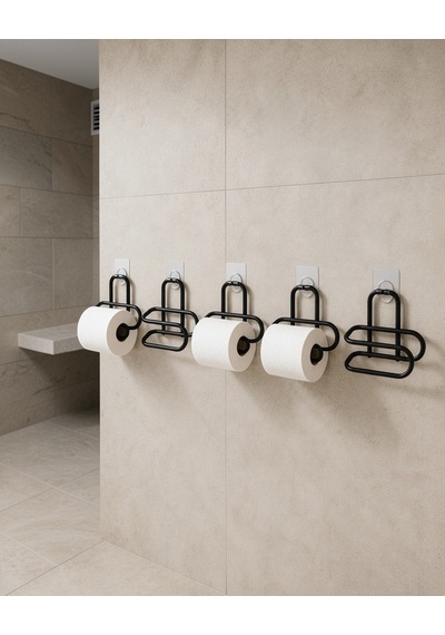 5 Adet Duvara Yapışkanlı Sıradışı Siyah Metal Wc Kağıtlık Askısı