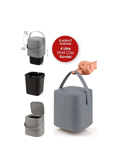 Tutma Saplı İç Kovalı Tezgah Üstü Mutfak Çöp Kovası, 4 Litre, Kilitli Kapak, Click Kapak, 20x20 Gri