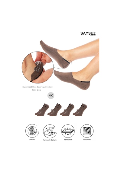 Saysez Bambu Kadın Babet Kahverengi Çorap Dikişsiz Görünmez Kaydırmaz Topuk Silikonlu Premium 4'lü Renkli
