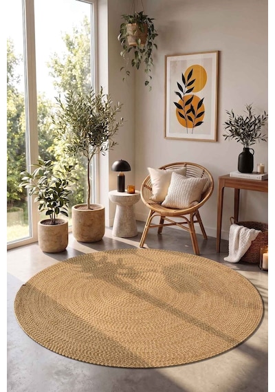 Vintora Vintage Desenli Yuvarlak Daire Dekoratif Örgü Kilim Kahverengi