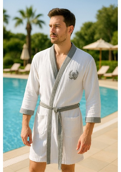 Baskılı Müslin Kimono Bornoz Unisex %100 Pamuk Yumuşacık 2 Katlı Doğal Kumaş - Ztmbb10 Gri