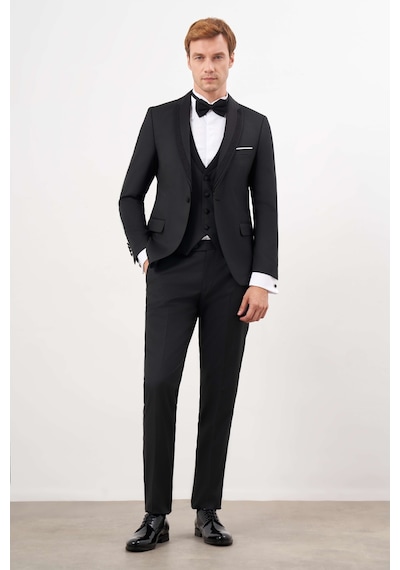Morven Erkek Siyah Poliviskon Ceromonia Jakar Desen Slim Fit Şal Çıkma Yaka Damatlık 25mc055006001 Siyah
