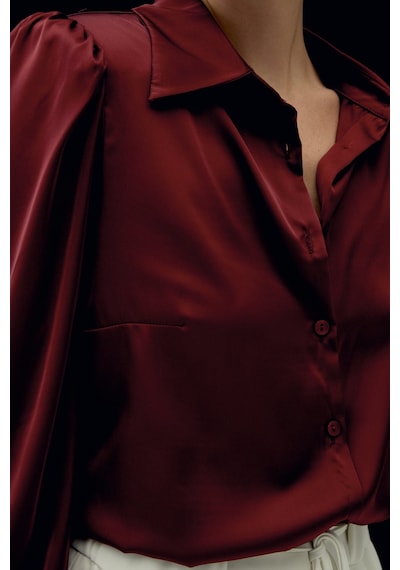 Sateen Vatkalı Saten Gömlek - Bordo-136728 Bordo