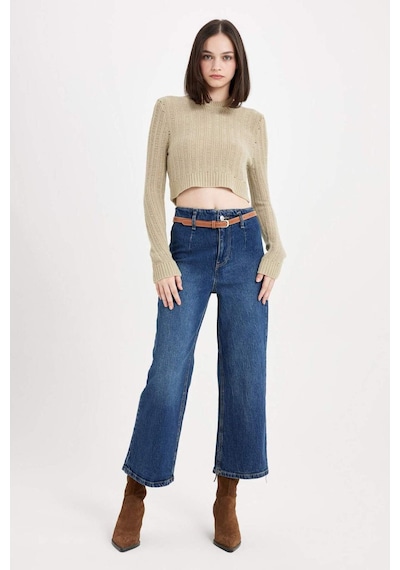 DeFacto Regular Fit Crop Bisiklet Yaka Örgü Delikli Triko Kazak C6321AX24WNGN270 Yeşil