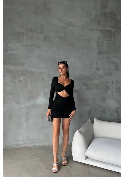 Dip Moda Kadın Sırt Ve Göğüs Dekolteli Mini Elbise Dpnbdf079 Siyah