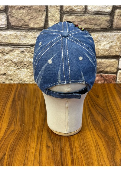 Hamze Jean Kot Denim İndigo Kumaş Taşlı Gül Desenli Beyzbol Cap Şapka Açık İndigo