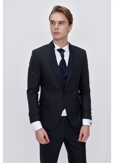 Morven Erkek Lacivert Santos Çıkma Yaka Slim Fit Damatlık Lacivert