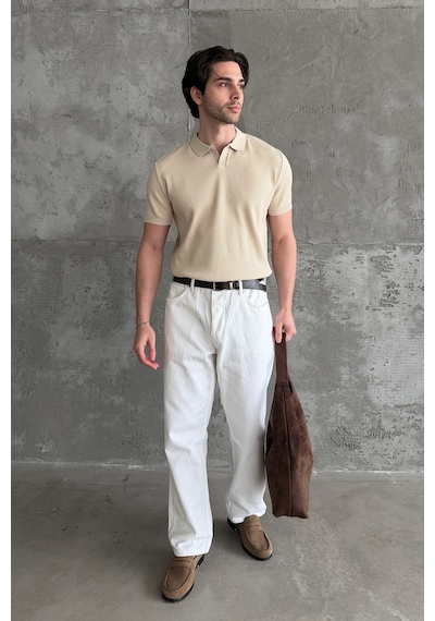 Erkek Petek Desen Polo Yaka Triko T-shirt Bej