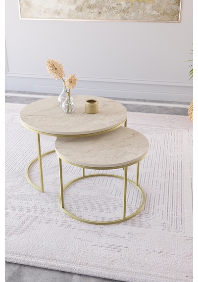 Milas Orta Sehpa 75-60 Cm Mat Gold Metal - Traverten Desen Tabla Gold Traverten Milas Orta Sehpa 75-60 Cm Mat Gold Metal - Traverten Desen Tabla Gold Traverten