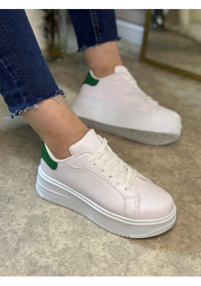 Günlük Kadın Sneaker Bağcıklı Hafif Kalın Yüksek Tabanlı Leopar Detaylı Yürüyüş Spor Ayakkabı 065 Beyaz Yeşil