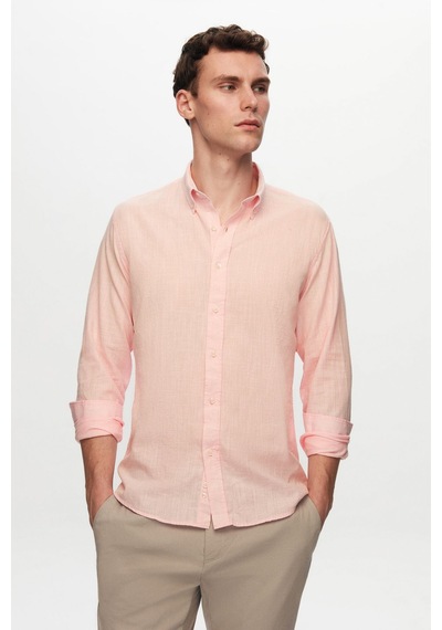 D'S Damat Ds Damat Slim Fit Pembe Düğmeli Yaka %100 Pamuk Yazlık Flamlı Keten Görünümlü Gömlek 6HC02ORT63265 Pembe