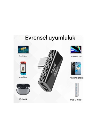 Type C Dişi Erkek Çevirici Usb C Dik Açılı 20gbps 90 Derece Adaptör 100w