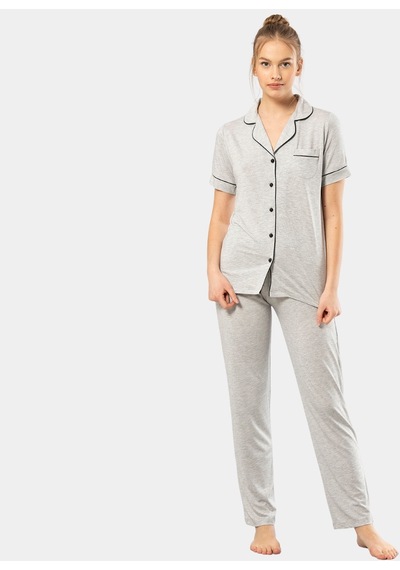 Türen Düz Kısa Kollu Gömlek Yaka Pijama Takım 3368/gri 001