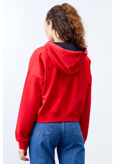 Tommy Life Kırmızı Uzun Kol Rahat Form Kapüşonlu Kadın Sweatshirt - 97115 Kırmızı