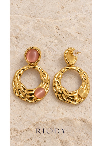 Riody Rose Velours Gold Renkli Pudra Pembe Kedi Gözü Görünümlü Kadın Küpe Altın - Sarı