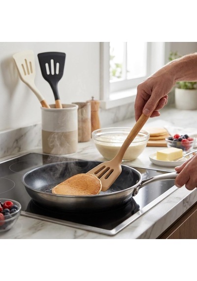 30 Cm Bambu Saplı Silikon Delikli Spatula, Yapışmaz Tava Ve Tencereler İçin Esnek Uçlu Mutfak Spatulası, Krep Omlet Balık Pancake Çevirici, 3 Renk Asorti Karışık Gönderim