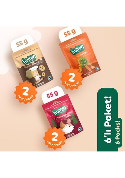 Organik Vegan Zencefilli Tahinli Ve Portakallı Tatlı Kurabiyeler Atıştırmalık Paketi - 6 Adet 3 Çeşit 320 G