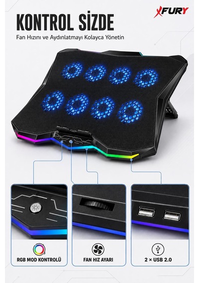 Fury E-sport Rgb Laptop Soğutucu 8 Fanlı Ayarlanabilir Standlı Notebook Soğutucu