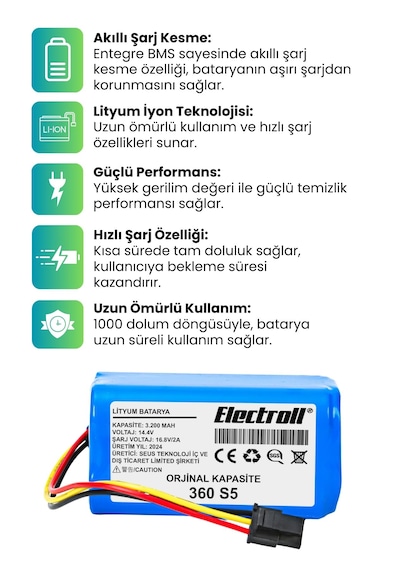 360 S5 Robot Süpürge Bataryası Ultra Yüksek Kapasite 3500mah