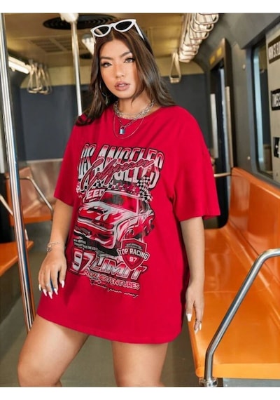 Flood Of Style Kadın Kırmızı Los Angeles Baskılı Bisiklet Yaka Tshirt