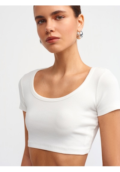 Dilvin Kısa Kollu Crop Top Ekru