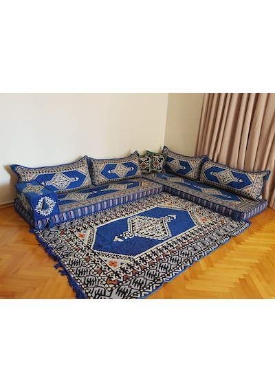 Şark Köşesi Minderi Saraylı Desenli Kilim Takımı Konsept Mavi