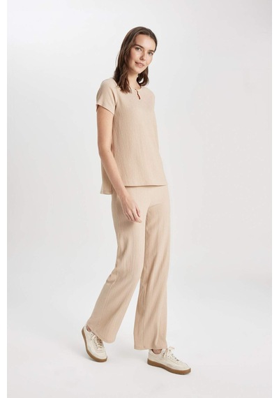 Defacto Bürümcük Pantolon Wide Leg Geniş Bol Paça Beli Lastikli C0200AX24SP Bej
