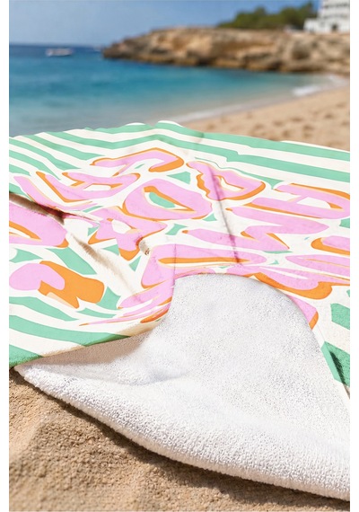 Çizgili Yazı Temalı Şık Plaj Havlusu - Modern Akdeniz Yeşil Pembe Hızlı Kuruyan Mikrofiber Havlu Dalgın Şakayık